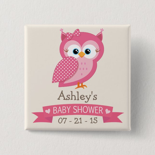Pink & White Polka Dot Owl Baby Shower 15 Cm Square Badge (Front)