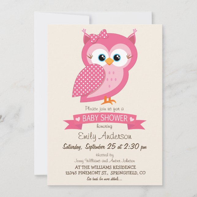 Pink & White Polka Dot Owl Baby Shower Invitation (Front)