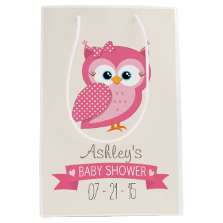 Pink & White Polka Dot Owl Baby Shower Medium Gift Bag