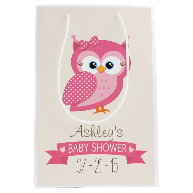 Pink & White Polka Dot Owl Baby Shower Medium Gift Bag (Front)