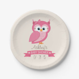 Pink & White Polka Dot Owl Baby Shower Paper Plate