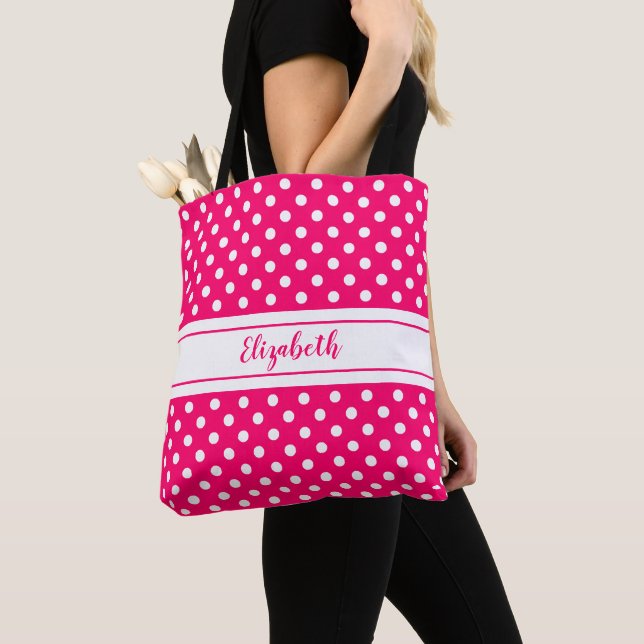 Pink White Polka Dot Pattern Name Tote Bag (Close Up)