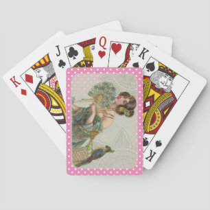 Pink & White Polka Dot Vintage Lady and Parrot Playing Cards