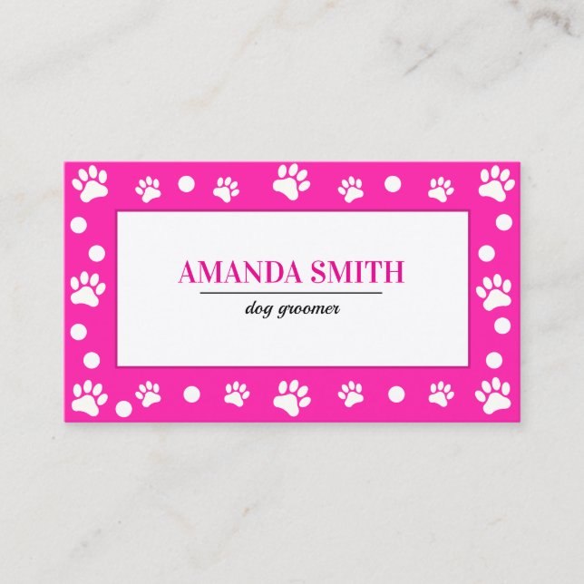 Pink & White Polka Dots Paw Prints Business Card (Front)