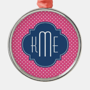 Pink White Polka Dots Quatrefoil Monogram Metal Tree Decoration