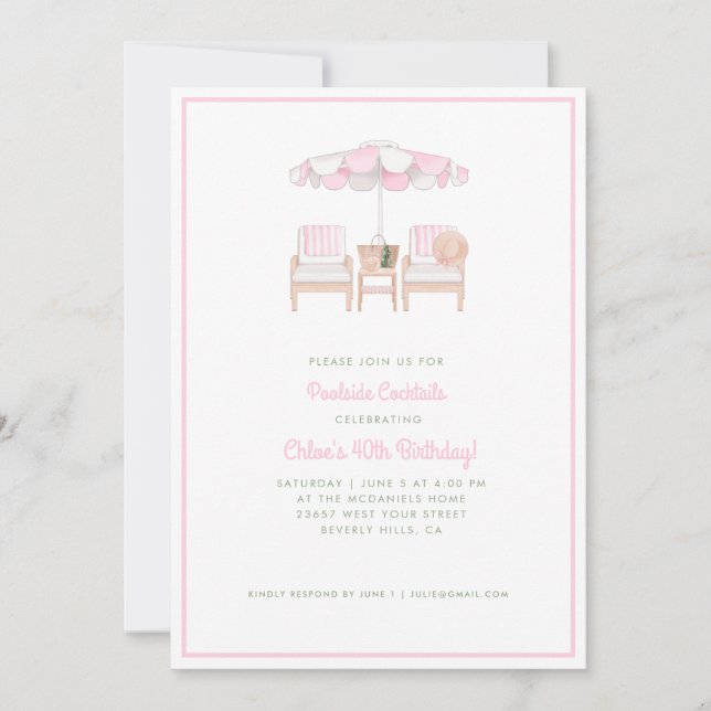Pink & White Pool Umbrella & Chairs | Pool Party I Invitation (Front)