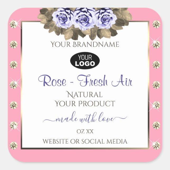 Pink White Product Labels Blue Roses Jewels Logo (Front)