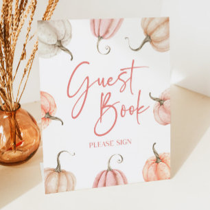 Pink White Pumpkin Fall Autumn Guest Book Pedestal Sign