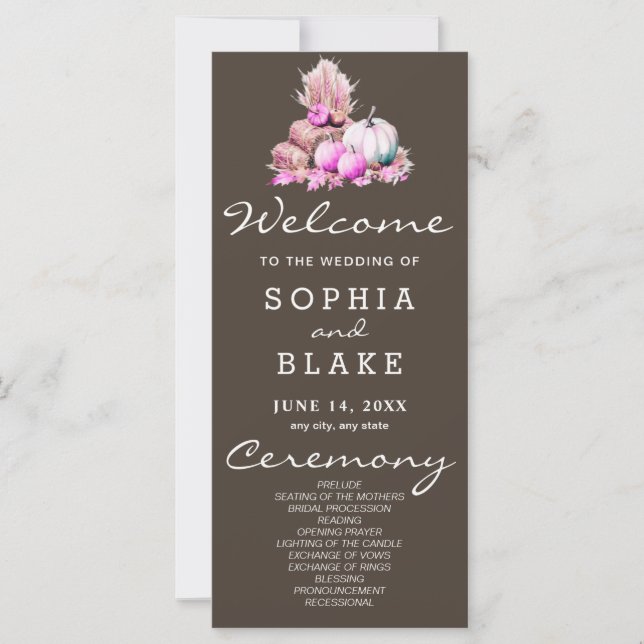 Pink & White Pumpkins Fall Brown Wedding Program (Front)