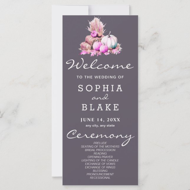 Pink & White Pumpkins Fall Grey Wedding Program (Front)