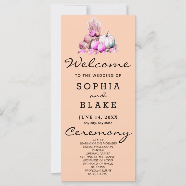 Pink & White Pumpkins Fall Orange Wedding Program (Front)
