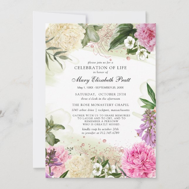 Pink White Purple Floral Celebration of Life Invitation (Front)