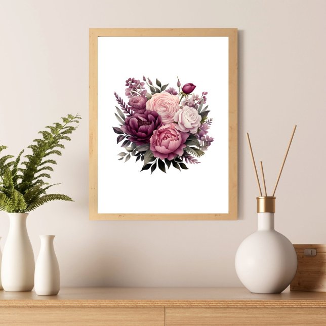 Pink White Purple Rose Peonies Floral Flower  Poster (Pink purple peonies and roses wall art poster print.  Elegant )