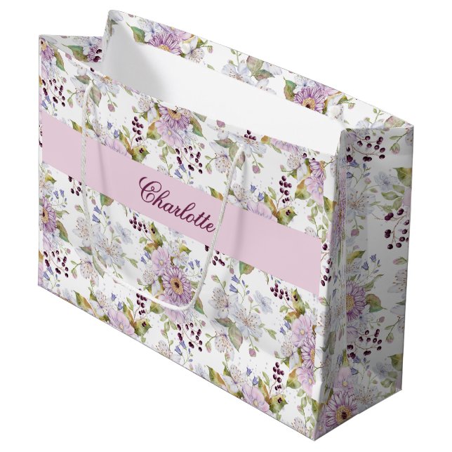Pink White Purple Watercolor Wildflower Large Gift Bag (Front Angled)