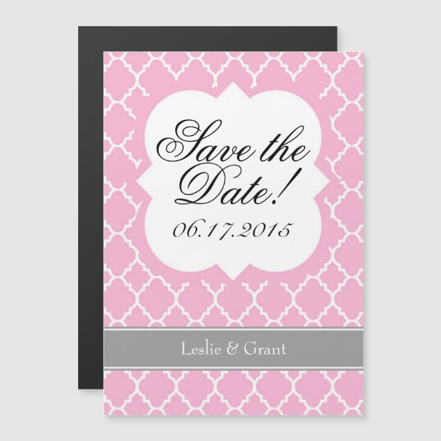 Pink White Quatrefoil Save The Date Magnet (Front/Back)