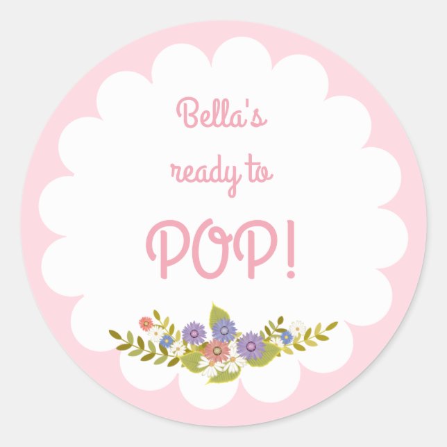 Pink White Ready to Pop Baby Shower Sticker (Front)