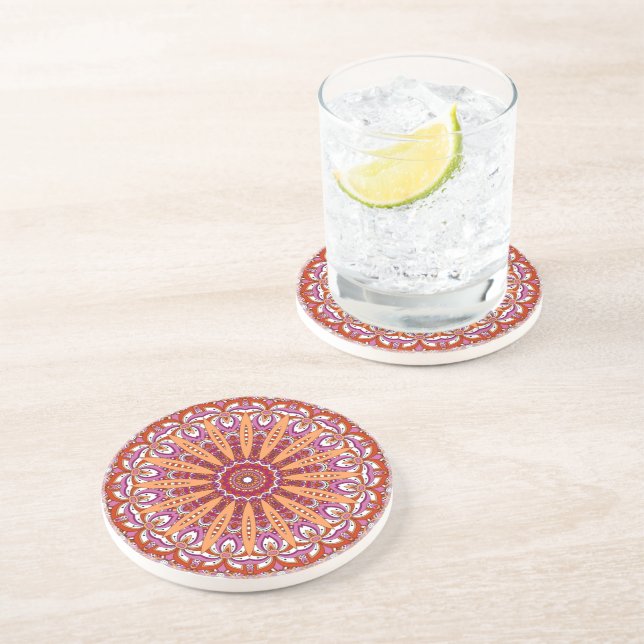 Pink white red orange mandala Lesbian pride Coaster (Side)