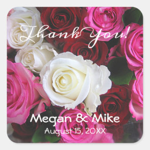 Pink White Red Roses Bouquet, DIY Names & Date Square Sticker
