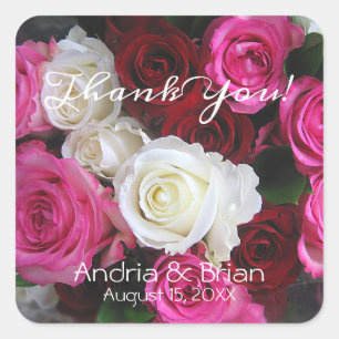 Pink White Red Roses Bouquet, Personalise - Square Sticker