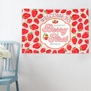 Pink White Red Strawberry Welcome Birthday Banner