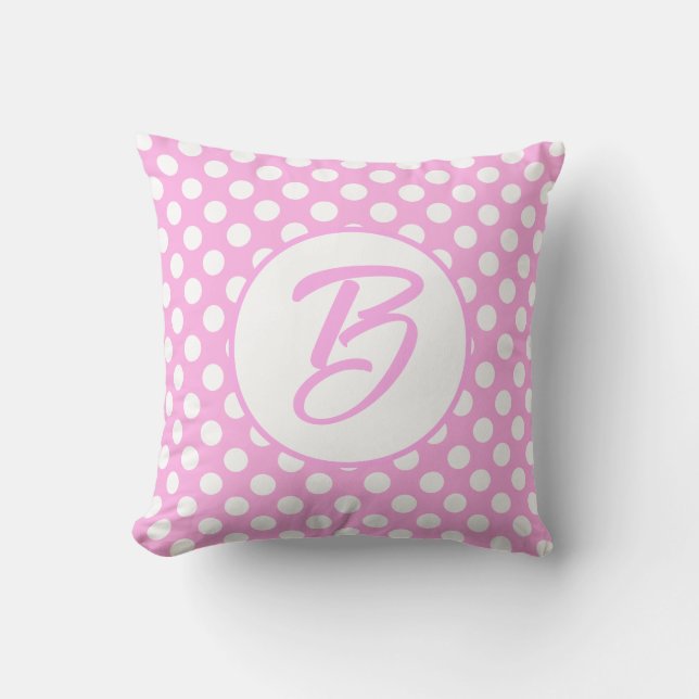 Pink white retro polka dots  monogrammed    cushion (Front)
