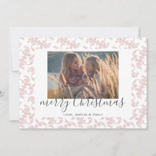 Pink White Rococo Merry Christmas Script Photo Holiday Card