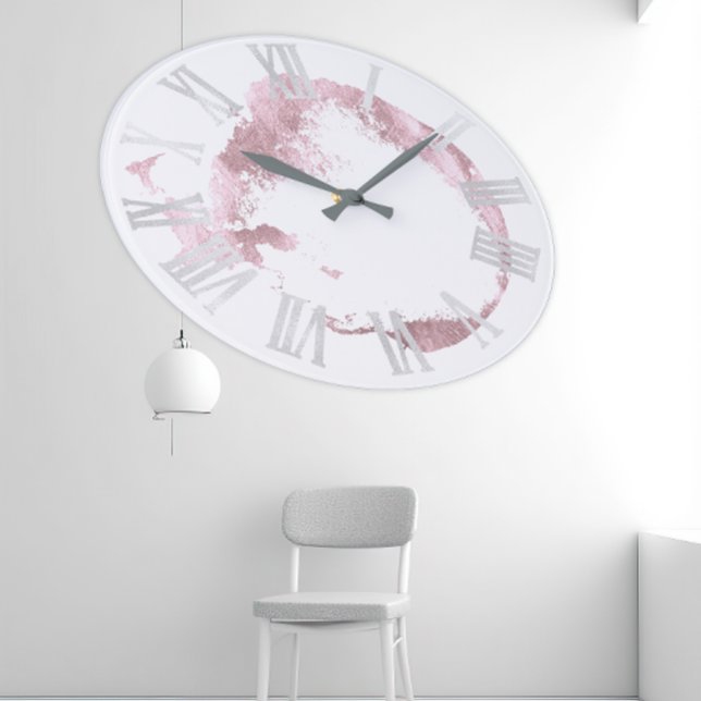 Pink White Rose Blush Grey Roman Numbers Large Clock (Pink White Rose Blush Gray Roman Numbers Large Clock)