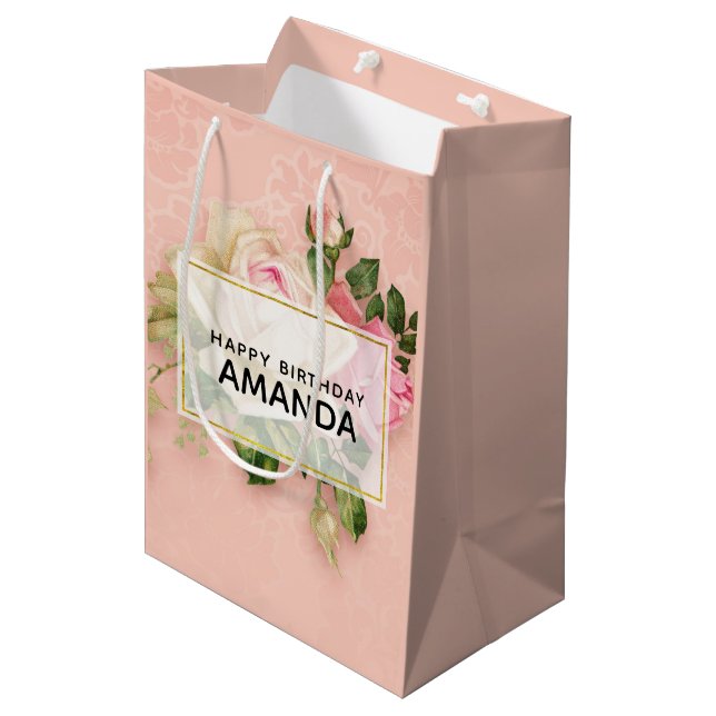 Pink & White Rose Bouquet Birthday Medium Gift Bag (Front Angled)