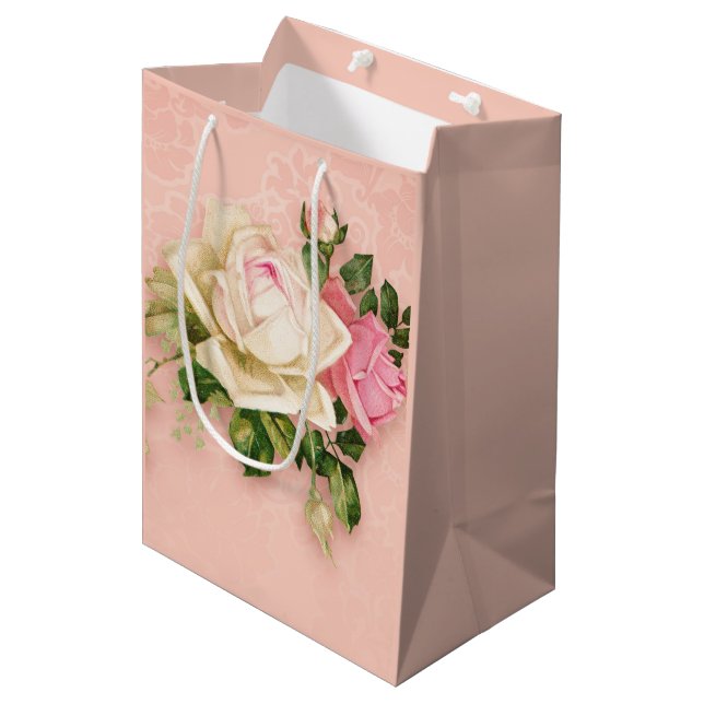 Pink & White Rose Bouquet Medium Gift Bag (Front Angled)