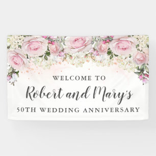 Pink White Rose Floral 50th Wedding Anniversary Banner