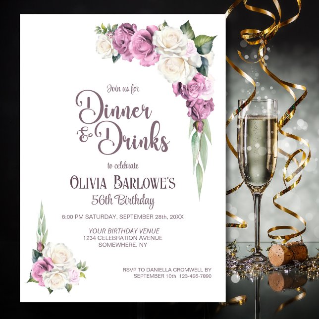 Pink White Rose Floral Dinner and Drinks Birthday Invitation (Creator Uploaded)