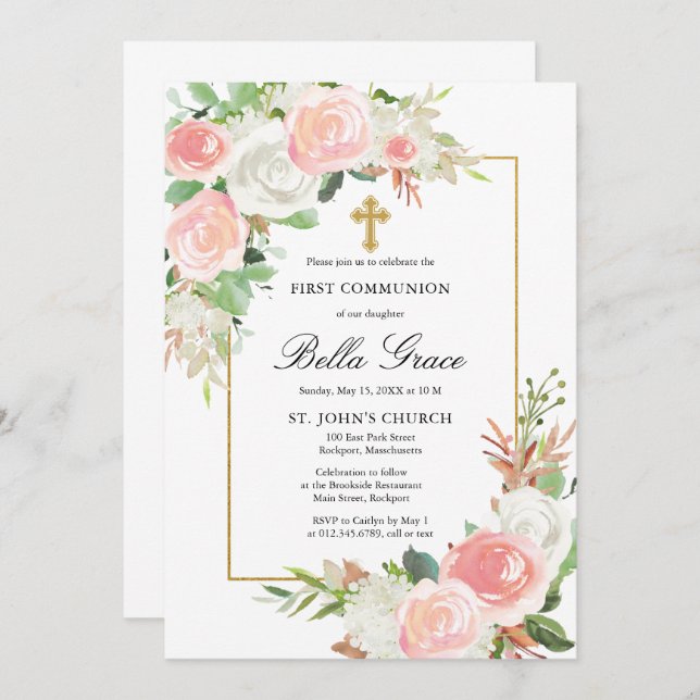 Pink White Rose Floral First Holy Communion Invitation (Front/Back)