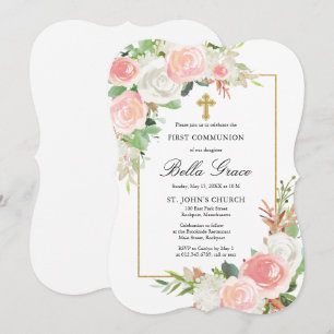 Pink White Rose Floral First Holy Communion Invitation