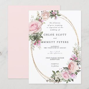 Pink White Rose Floral Waterolor Wedding Invitation