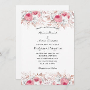 Pink White Rose Gold Floral Botanical Wedding Invitation