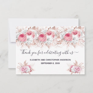 Pink White Rose Gold Floral Calligraphy Wedding Thank You Card