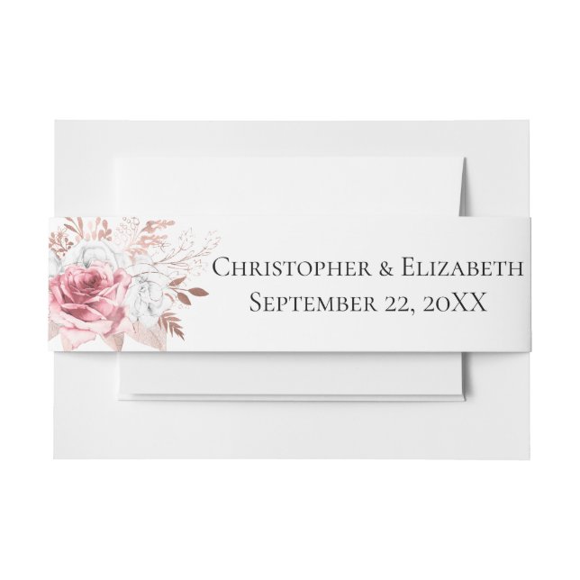 Pink White Rose Gold Floral Elegant Wedding  Invitation Belly Band (Front Example)