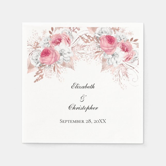 Pink White Rose Gold Floral Elegant Wedding Napkin (Front)