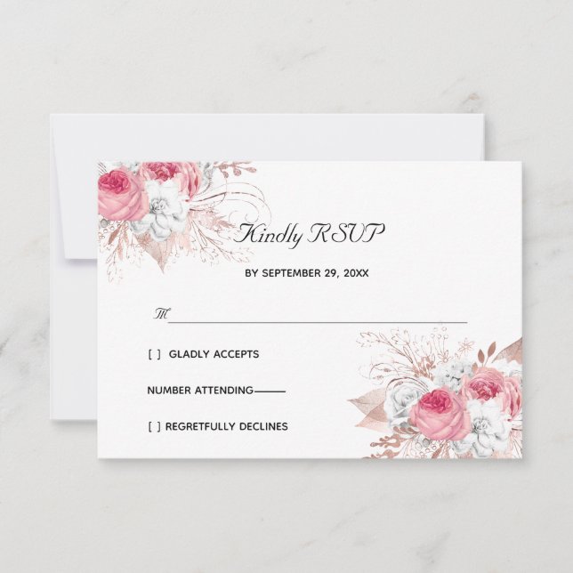 Pink White Rose Gold Floral Formal Elegant Wedding RSVP Card (Front)