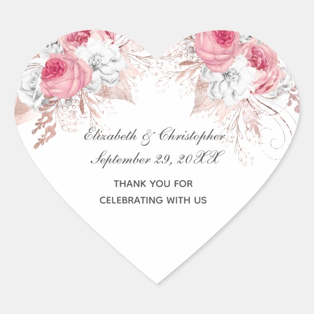 Pink White Rose Gold Floral Trendy Wedding Favour Heart Sticker (Front)