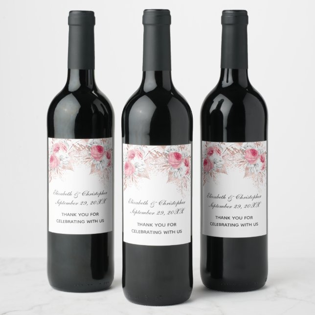 Pink White Rose Gold Floral Trendy Wedding Favour  Wine Label (Bottles)