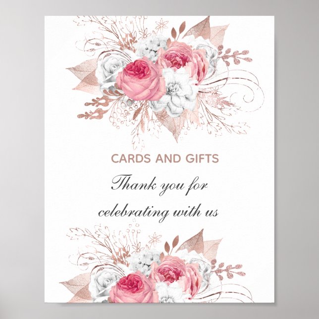Pink White Rose Gold Floral Wedding Gifts Sign (Front)
