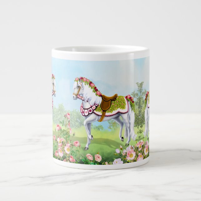 Pink White Rose Parade Horse Large Coffee Mug (Front)