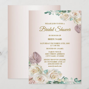 Pink White Rose Watercolor Greenery Bridal Shower Invitation