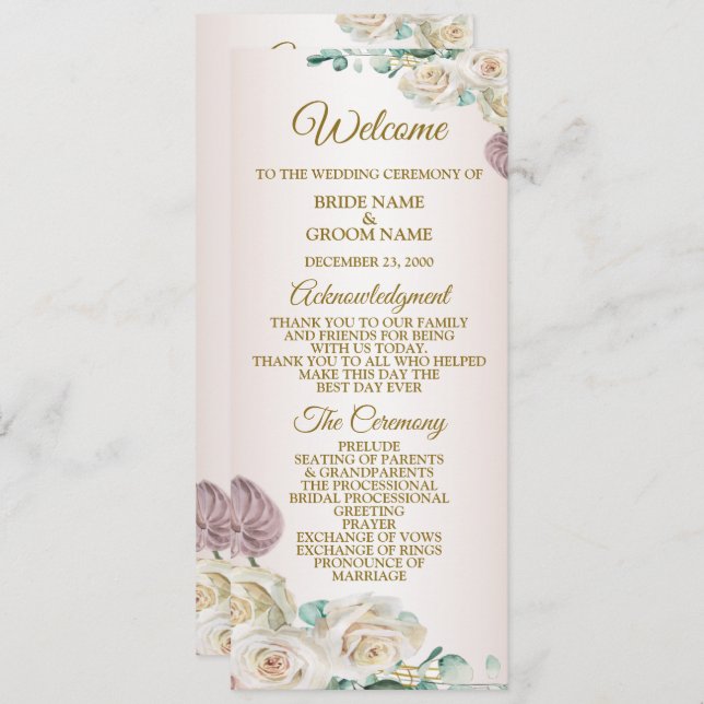 Pink White Rose Watercolor Greenery Golden Wedding Programme (Front/Back)