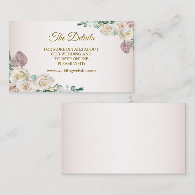 Pink White Rose Watercolor Greenery Wedding Detail Enclosure Card (Front/Back)