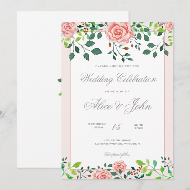 Pink & White Rose Wedding Invitation (Front/Back)