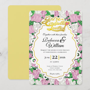 Pink & White Rose Wedding Invite - Gold Letters 1