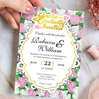 Pink & White Rose Wedding Invite - Gold Letters 2
