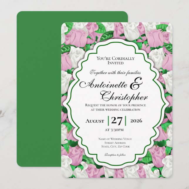 Pink & White Rose Wedding Invite - Green Border (Front/Back)